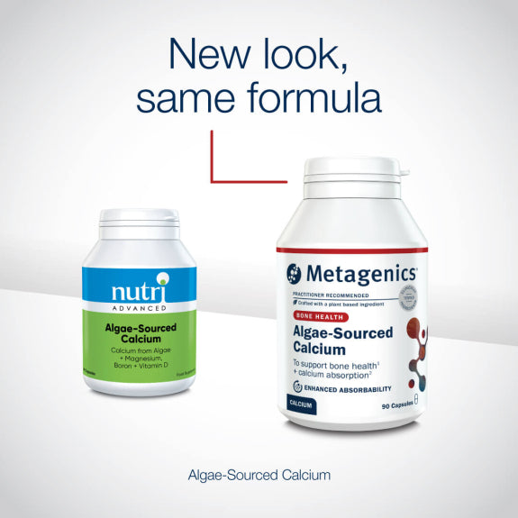 Image of Metagenics Algae Sourced Calcium supplement capsules in a clear container, showcasing 90 easy-to-swallow, plant-based capsules made from red ocean algae, containing natural calcium, magnesium, vitamin D3, and additional minerals for bone health support