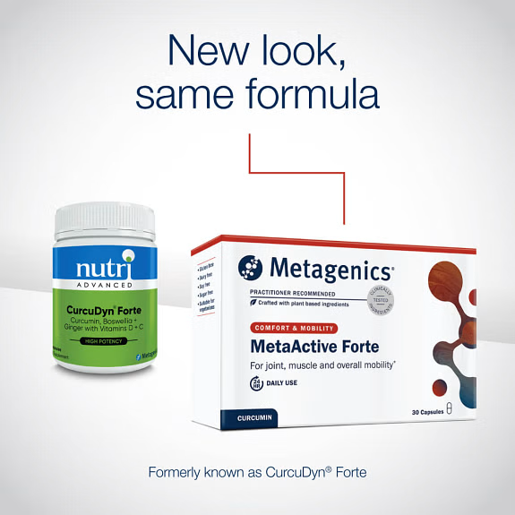 A close-up image of Nutri Advanced CurcuDyn Forte ® capsules, showcasing 30 capsules containing turmeric, boswellia, ginger, vitamins D and C, supporting joint health and inflammatory response with improved bioavailability