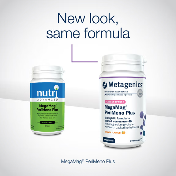A close-up of Nutri Advanced MegaMag ® PeriMeno Plus powder sachet with detailed label highlighting ingredients for women over 40, including magnesium glycinate, herbal extracts, and vitamins, designed to support hormonal balance and reduce fatigue