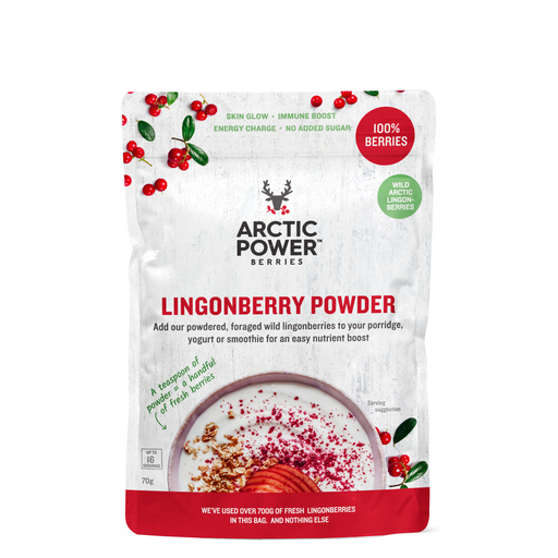 A close-up of Arctic Power Berries Lingonberry Powder in a small jar, showcasing its vibrant red colour and fine, powdery texture, with a spoon beside it for serving, highlighting its natural, wild-harvested origin from Arctic lingonberries rich in antioxidants, vitamins, and dietary fibre