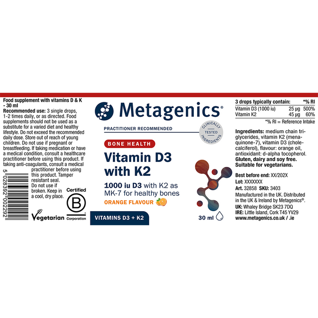 An image illustrating the benefits of Vitamin D and K2, including immune support, bone health, and muscle function