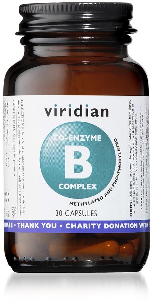 A close-up of Viridian Co-Enzyme B Complex capsules, showing a white bottle with 30 capsules, highlighting the award-winning formulation containing methylated and phosphorylated B vitamins, co-enzyme forms, and added nutrients like vitamin C, Q10, and biotin, designed to support energy production and reduce fatigue