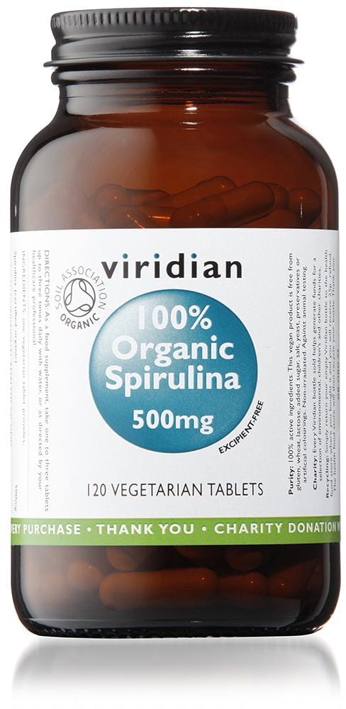 Organic Spirulina 500mg capsules, vegan and kosher, rich in protein, vitamins, and nutrients