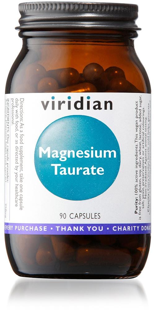 A close-up image of Viridian Magnesium Taurate, 90 vegan capsules, highlighting the supplement's packaging and capsules designed for supporting muscle function and reducing fatigue