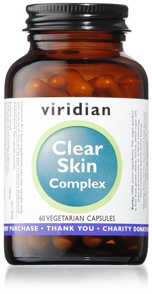 A detailed image of Viridian Clear Skin Complex capsules showing 60 vegan capsules containing a blend of minerals, botanicals, carotenoids, and probiotic bacteria for promoting clear, healthy, and radiant skin