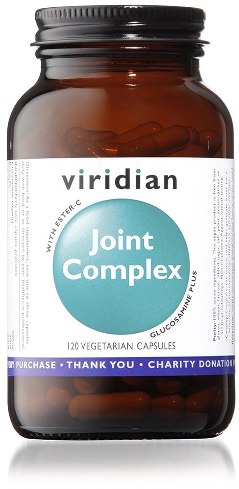 Vegan capsules of Viridian Joint Complex containing glucosamine, turmeric, Boswellia, quercetin, bromelain, ginger root, and vitamin C for supporting joint health and connective tissue