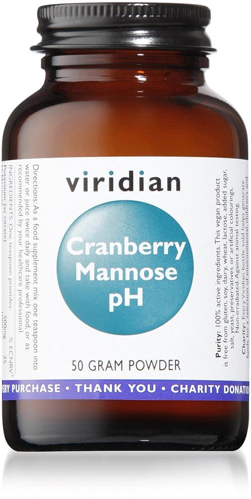 A 50g jar of Viridian Cranberry Mannose PH Powder showing the label and packaging with ingredients including cranberry extract, vitamin C, mannose, and potassium citrate for urinary health