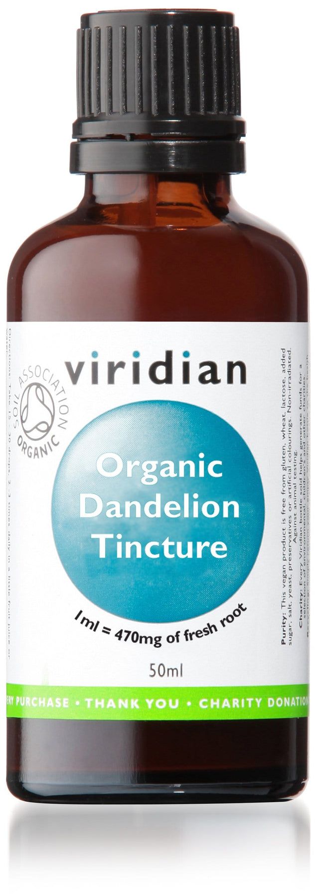 A 50ml bottle of Viridian Organic Dandelion Tincture with a label displaying product details and organic certification
