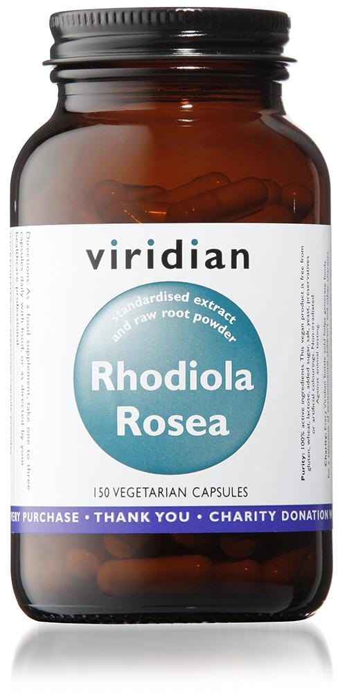 A bottle of Viridian Rhodiola Rosea Root Extract capsules with detailed supplement information and natural ingredients