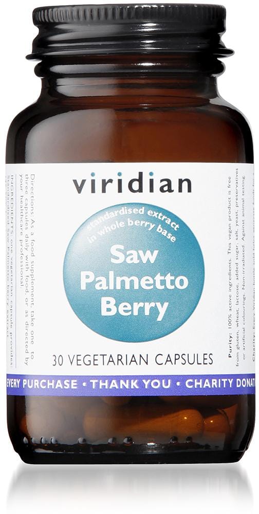 Image of Viridian Saw Palmetto Berry Extract capsules showing standardized extract and whole berry powder in a health supplement container
