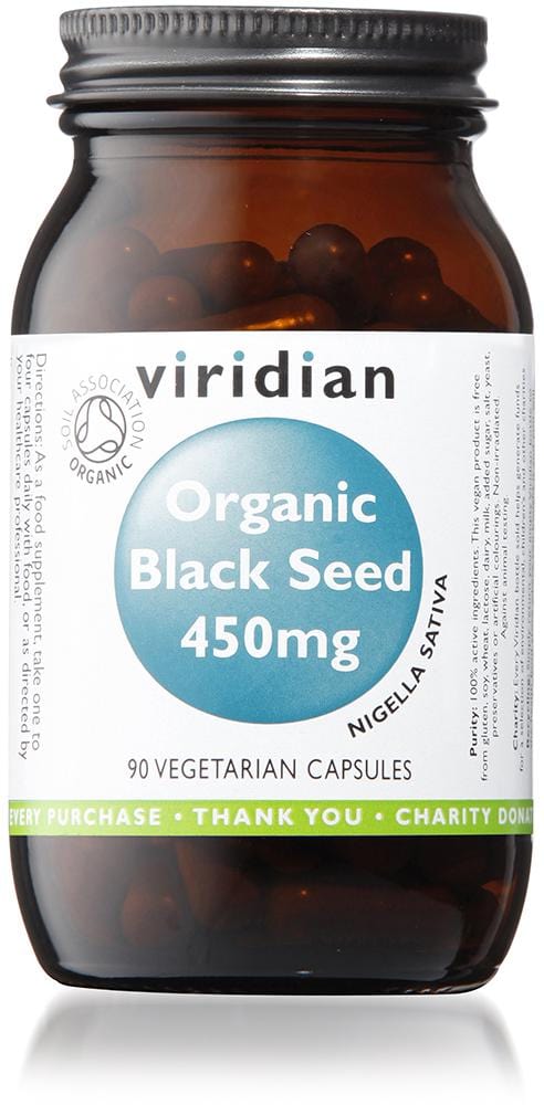 Image of Viridian Organic Black Seed capsules containing 450mg of black seed powder, sourced from certified organic Nigella sativa, highlighting the product's organic certification, rich nutrient content, and suitability for health and beauty supplementation