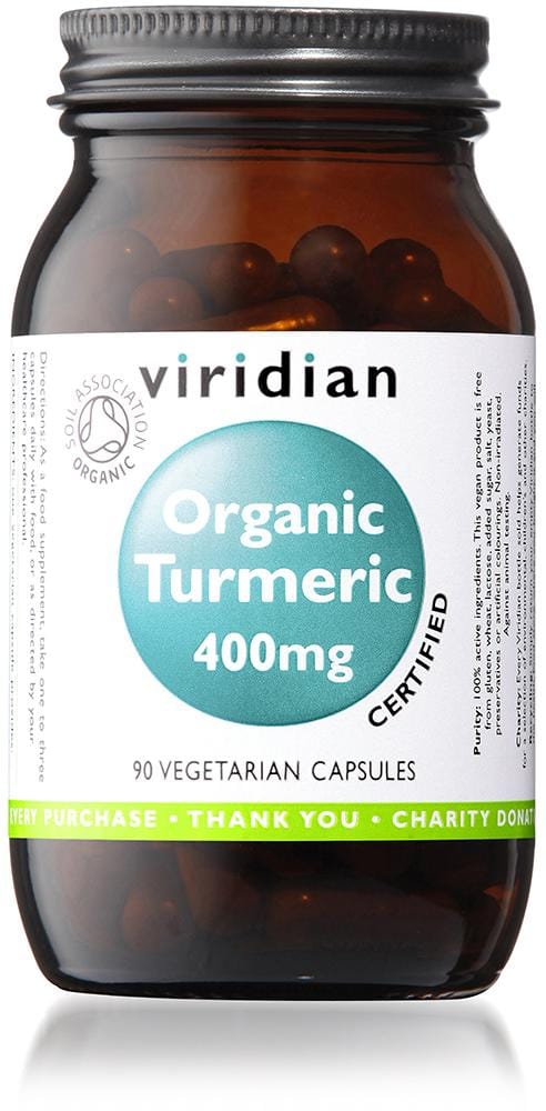 Photograph of Viridian Organic Turmeric capsules showing 90 vegetarian capsules with organic turmeric root sourced from South India for supporting joint health
