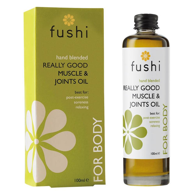 A 100ml bottle of Fushi Really Good Muscle & Joints Oil showing the earth-friendly glass packaging and detailed label