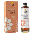 Lush 100ml bottle of Fushi Really Good Stretch Mark Oil with transparent glass and aluminium cap showcasing its natural packaging