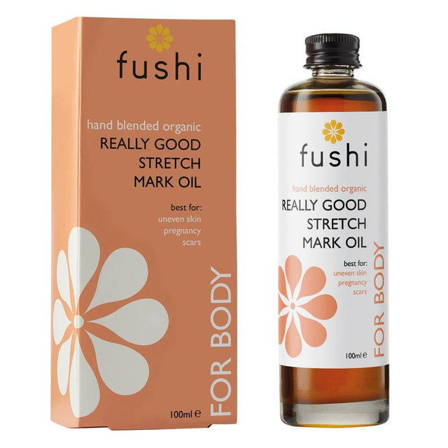 Lush 100ml bottle of Fushi Really Good Stretch Mark Oil with transparent glass and aluminium cap showcasing its natural packaging