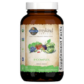 Close-up of two capsules from the mykind Organics B-Complex tablets highlighting their natural, whole food ingredients with detailed label information
