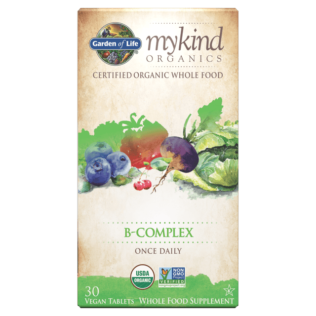 Energising supplement bottle of Garden Of Life mykind Organics Vitamin B capsules showing organic, vegan, gluten-free packaging