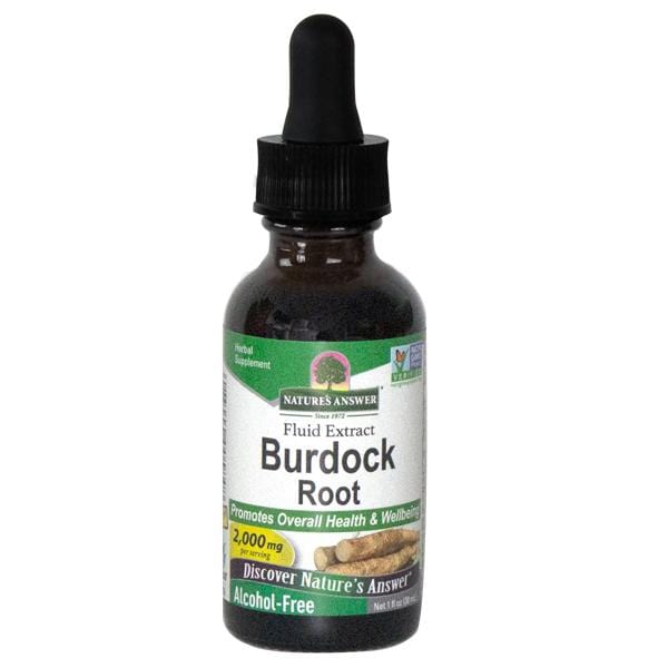 A close-up of Nature’s Answer Burdock Root 30ml bottle showing the label and dark root illustration