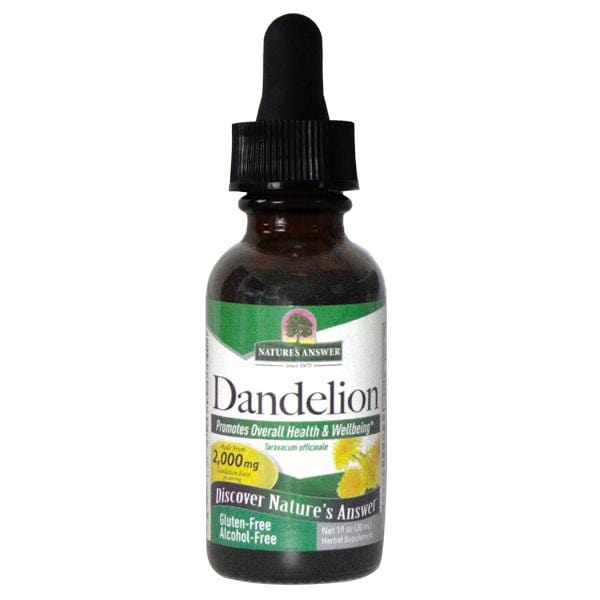 A 30ml bottle of Nature’s Answer Dandelion Root liquid extract with a detailed label showcasing the herbal product and its natural ingredients