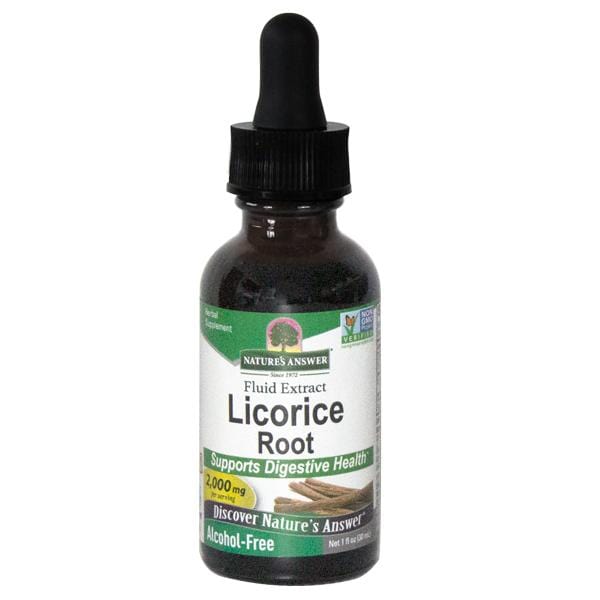 A 30ml bottle of Natures Answer Liquorice Root supplement containing herbal extract derived from licorice root, used for supporting digestive and immune health, with a dropper for precise dosing