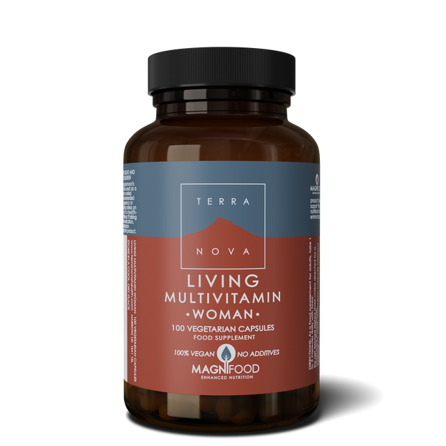 A bottle of Terranova Living Multivitamin Woman capsules showing the label with detailed ingredients and branding for female health support