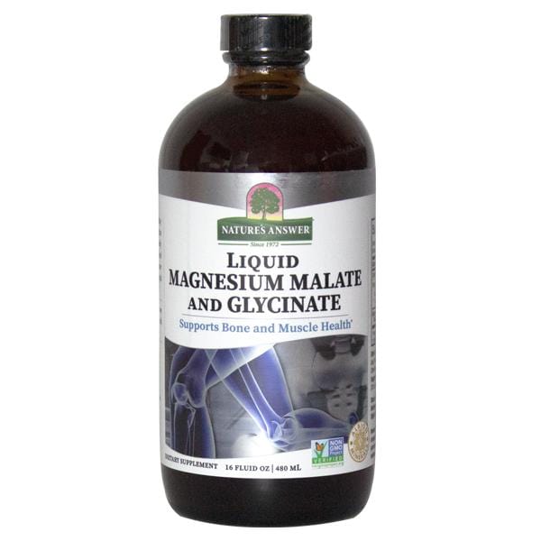 A 480ml bottle of Nature’s Answer Liquid Magnesium Glycinate supplement showing the label with detailed information about magnesium content, ingredients, and holistic balanced® formulation for supporting muscle, bone, and cardiovascular health