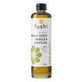Close-up of Fushi Really Good Muscle & Joints Oil measuring 100ml, highlighting botanical ingredients like Eucalyptus, Rosemary, Camphor, and Black Pepper in a sleek glass bottle