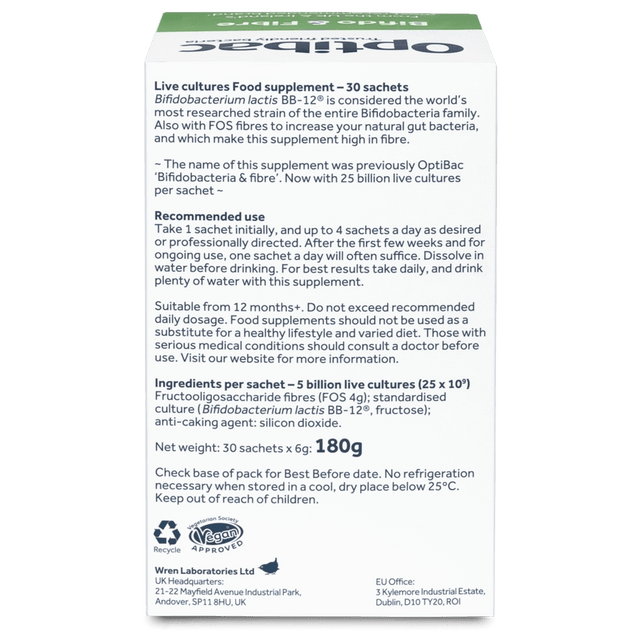 Arrangement of six sachets of Optibac Probiotics Bifido & Fibre highlighting portability and packaging design