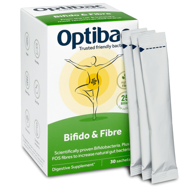 Close-up of Optibac Probiotics Bifido & Fibre sachets showing detailed label and ingredients list