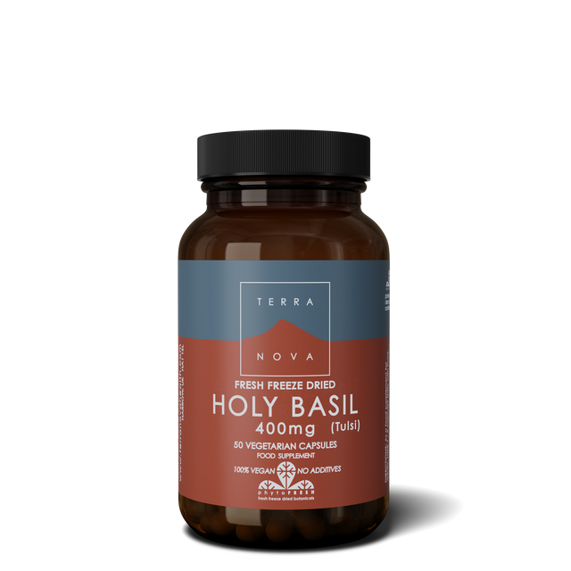 A bottle of Terranova Holy Basil 400mg capsules with fresh freeze-dried Tulsi plant extracts in vegetarian capsules