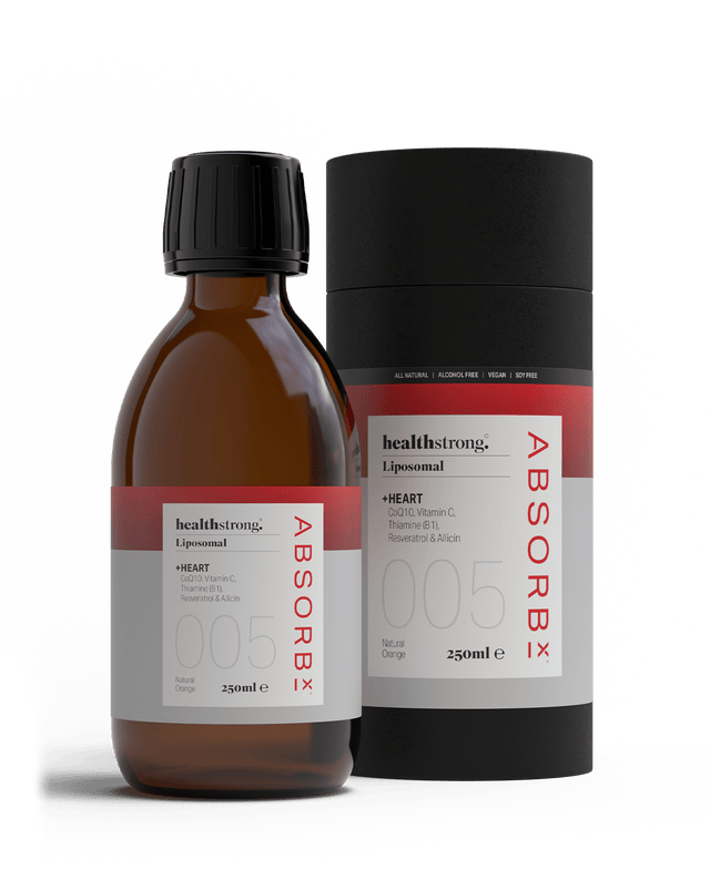 A 250ml glass bottle of HealthStrong AbsorbX005 Liposomal Heart in orange flavour, showcasing the product's packaging designed for optimal nutrient delivery to support heart and cardiovascular health