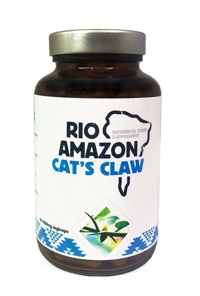 A close-up of Rio Amazon Cats Claw Bark capsules, showing 60 vegetable capsules containing 500mg of pure powdered Cats Claw bark, used to support the immune system and maintain flexible joints