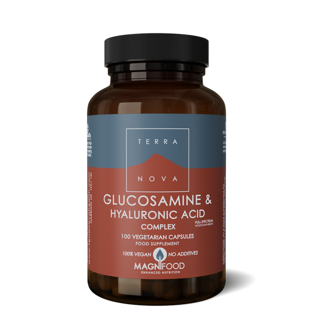 A close-up image of Terranova Glucosamine & Hyaluronic Capsules highlighting the vegetarian capsules containing a blend of glucosamine, hyaluronic acid, and MAGNIFOOD ingredients such as Montmorency cherry, rosehips, turmeric, and nettle leaves