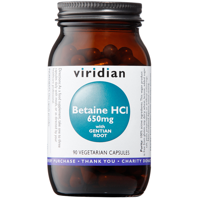 Viridian Betaine HCI w Gentian Root, 650mg, 90 VCapsules