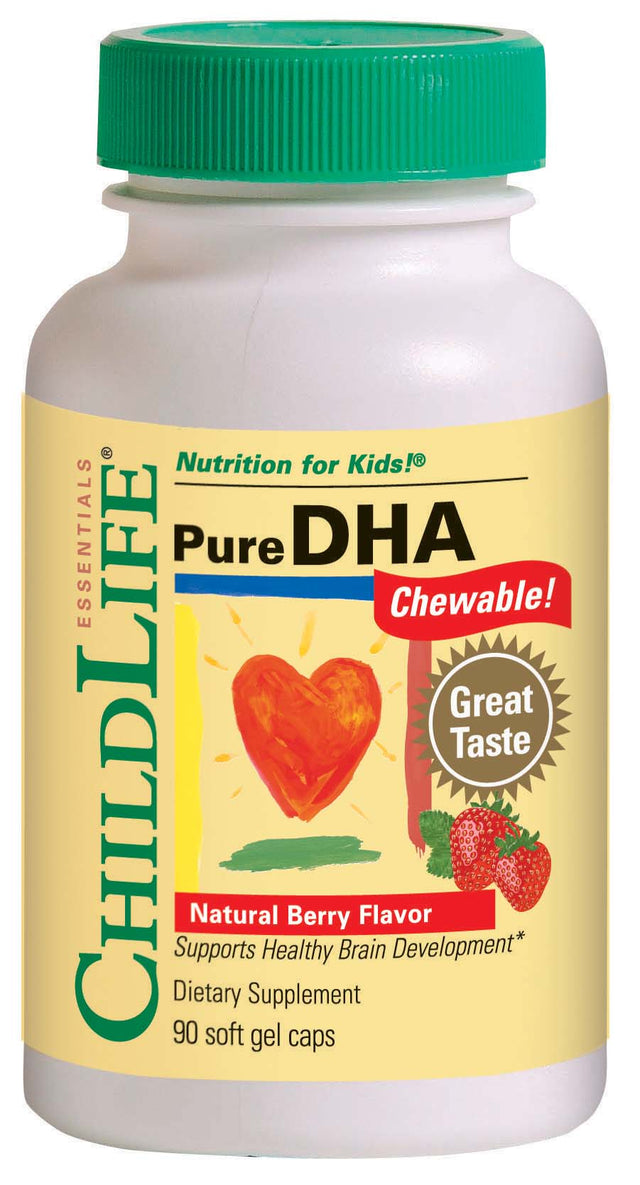 A close-up image of ChildLife Essentials Pure DHA Berry Flavour soft gels in a blister pack, showing their small, round, chewable, naturally flavoured capsules designed for children's brain health support