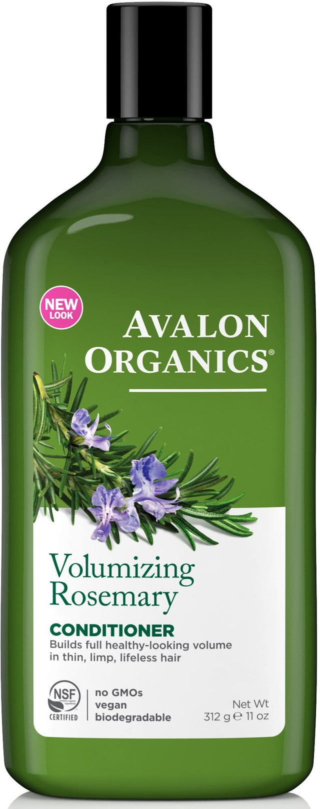 A bottle of Avalon Organics Rosemary Conditioner with detailed label showing natural ingredients and plant-based formula for volumising, moisturising, and strengthening hair