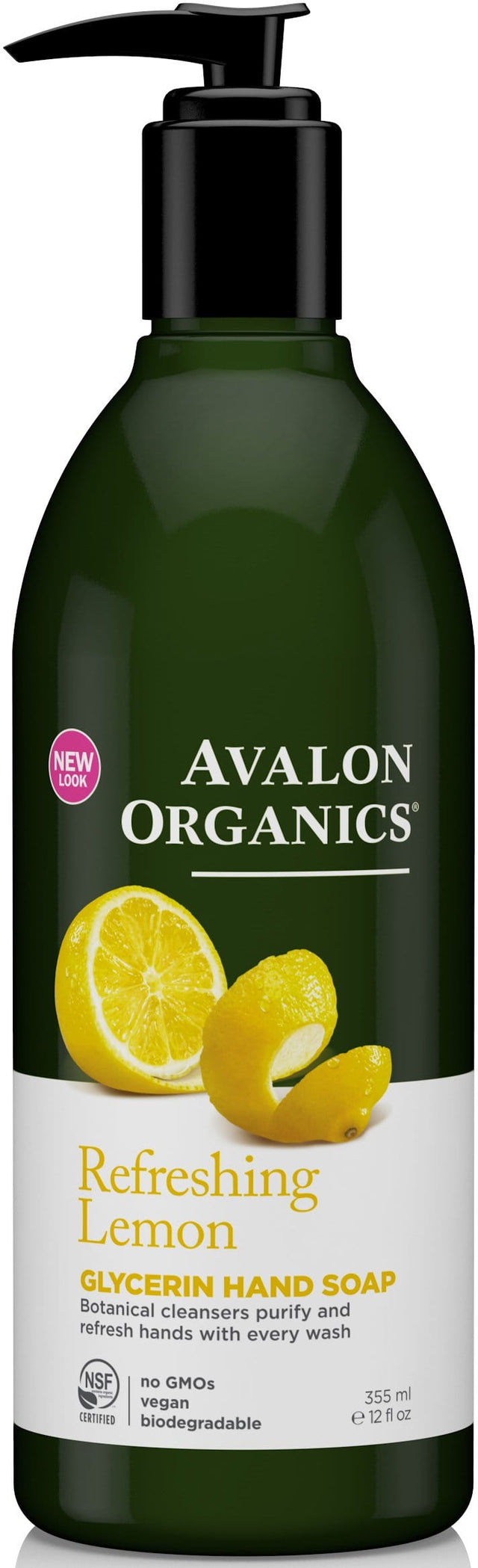 A 350ml bottle of Avalon Organics Lemon Liquid Soap featuring a clear pump dispenser, showcasing fresh organic lemon slices and plant-based ingredients, designed for gentle, moisturising hand cleansing and refreshment
