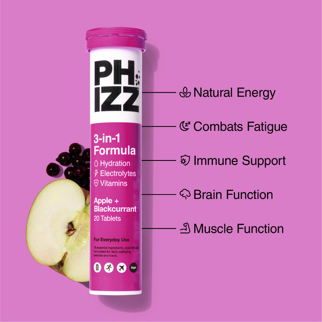 Phizz Apple & Blackcurrant 3-in-1 Hydration, Electrolytes and Vitamins Effervescent, 20 Tablets