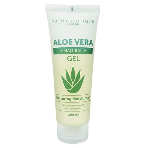 A 200ml bottle of Natur Boutique Aloe Vera Gel featuring transparent packaging and fresh aloe vera plant in the background, highlighting its soothing, moisturising, and natural skincare properties