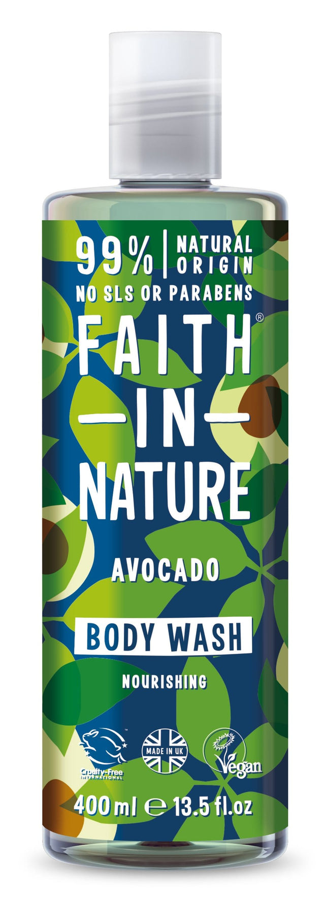 A 400ml bottle of Faith in Nature Avocado Body Wash featuring natural ingredients like avocado oil, sunflower seed oil, and sea salt, designed for gentle cleansing and hydration