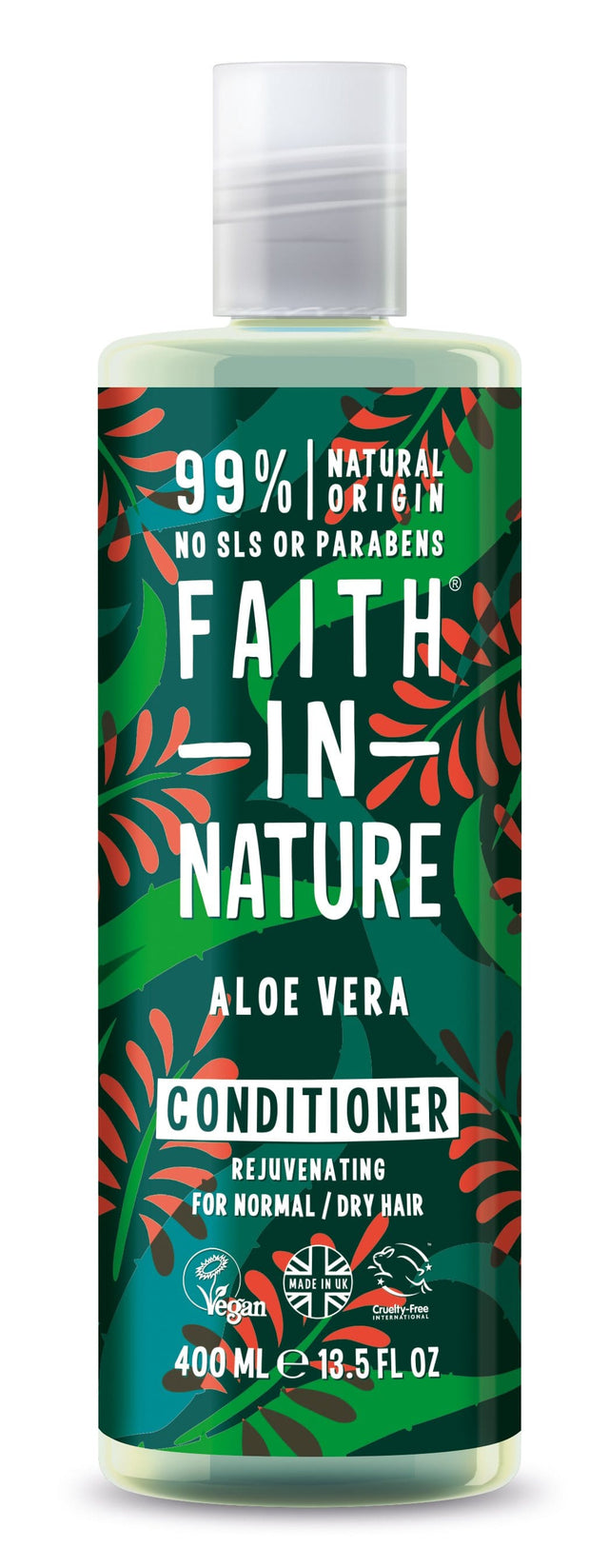 A 400ml bottle of Faith In Nature Aloe Vera Conditioner featuring a green and white label with images of aloe vera leaves and natural plant ingredients, designed for nourishing and moisturising hair with botanical extracts