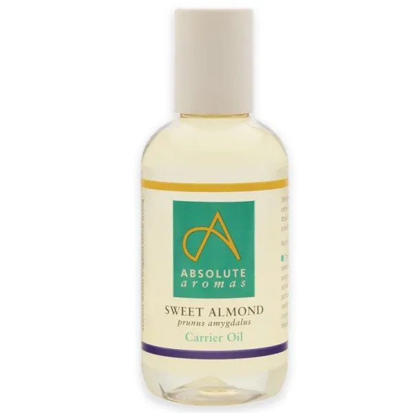 A 50ml bottle of Absolute Aromas Sweet Almond Carrier Oil, showing a clear, nourishing oil suitable for all skin types, including babies, ideal for massage, face, body, hair, and nails