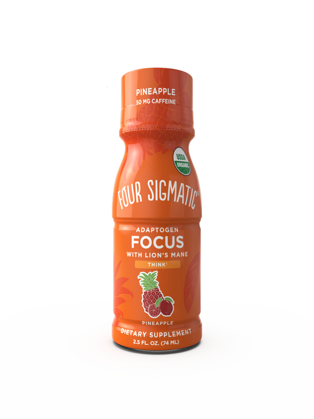 Richly detailed image of a Four Sigmatic Mushroom Focus Shot featuring Lion's Mane with vibrant tropical pineapple and lime flavours in a clear bottle