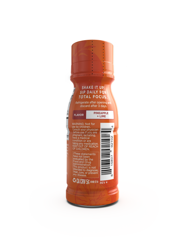 Close-up of the ready-to-drink Lion’s Mane Shot displaying organic ingredients like rhodiola, guayusa, and B12 with a refreshing pineapple taste