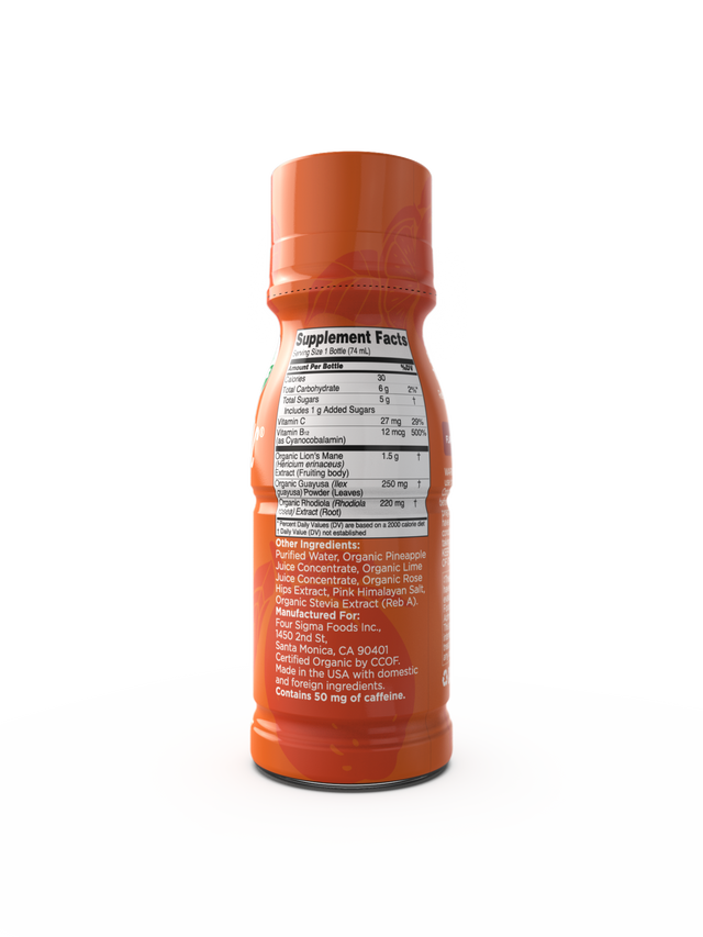 A shot of the Four Sigmatic Mushroom Focus Shot set against a natural background, emphasising its nutrient-dense formula with real pineapple and lime juices