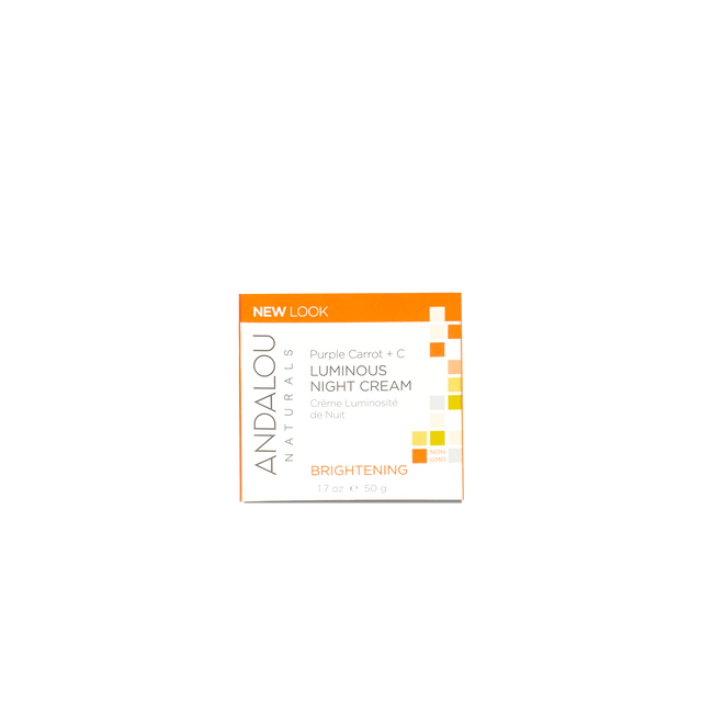 Richly detailed image of Andalou Purple Carrot + C Luminous Night Cream featuring purple carrot, vitamin C, and fruit stem cell complex highlighting its luminous, tightening, and brightening effects on the skin