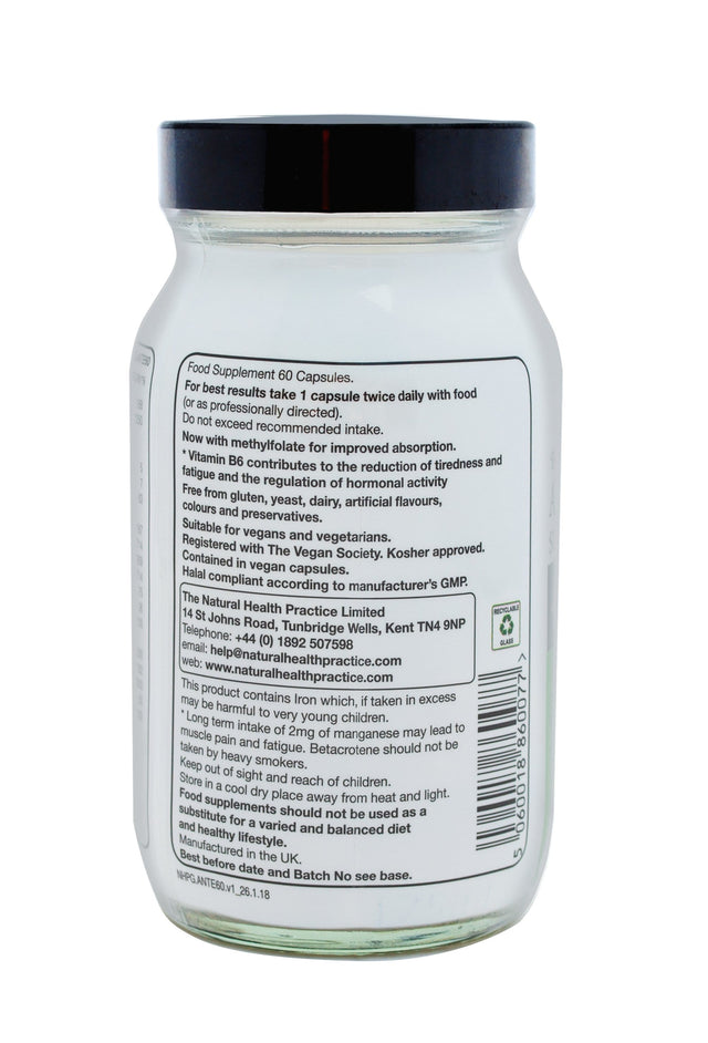 Close-up of the NHP Ante Natal Support capsules highlighting their hydroxypropyl methylcellulose shell