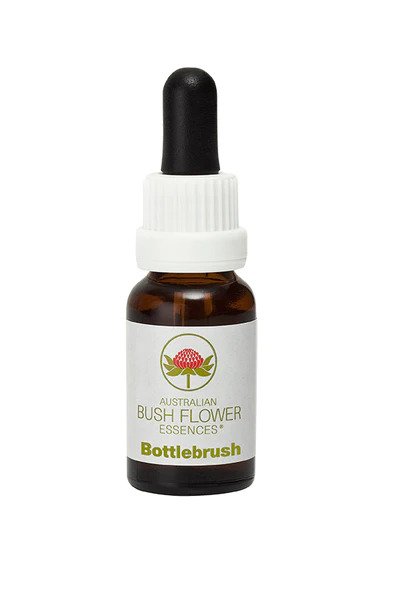 A 15ml bottle of Australian Bush Flower Bottlebrush essence, showcasing the product packaging and vibrant flower illustration