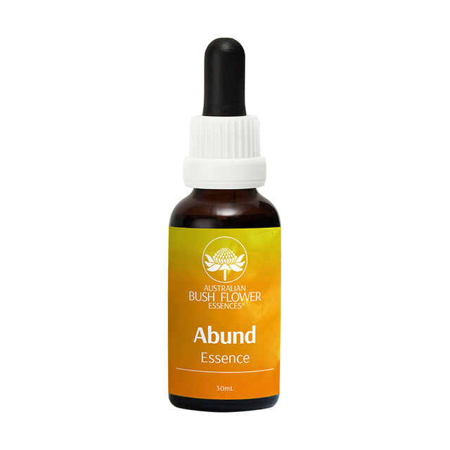A 30ml bottle of Australian Bush Flower Essences Abund Essence, designed to release negative beliefs, family patterns, sabotage, and poverty consciousness, featuring vibrational infusions of native flowers like Bluebell, Boab, Christmas Bell, Pink Flannel Flower, and Southern Cross in purified water and brandy, used by placing 7 drops under the tongue twice daily to promote joy, abundance, and trust in receiving great riches on all levels