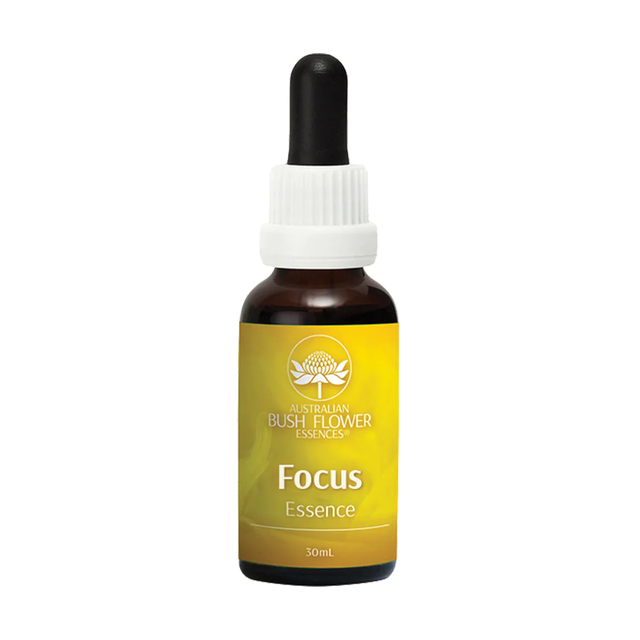 A 30ml bottle of Australian Bush Flower Focus Essence surrounded by natural bush flowers and leaves, illustrating its herbal ingredients for enhancing mental clarity and focus, suitable for studying or problem-solving